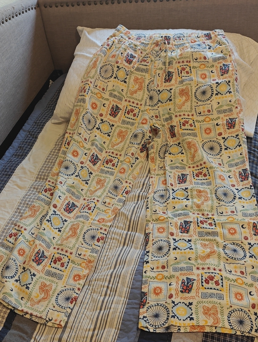 NWT Lucy & Yak Norris Cotton Ecru Trousers With Folk Tiles, L
